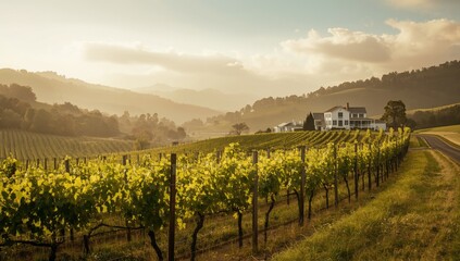 Fototapeta premium A lush vineyard with budding grapes and green foliage in spring highlighting crop growth stages