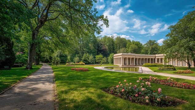 Lush park featuring a road and tree-lined alley, ideal for editorial header backgrounds, springtime setting