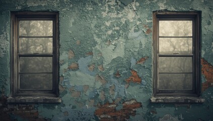 Weathered wall with broken plaster and wooden window frames, suitable for heritage preservation