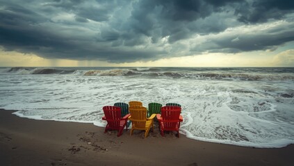 Flooded beach scene with chairs partially submerged, illustrating rising sea levels and storm effects