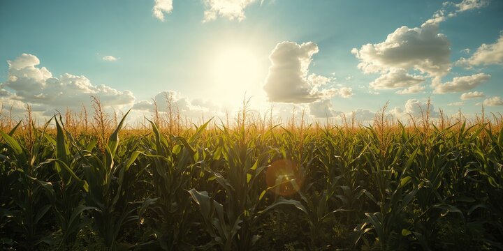 Tall corn stalks under bright sunlight with a clear blue sky, highlighting crop development and farming practices