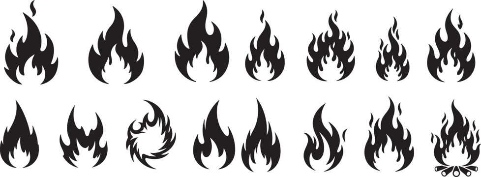 Black burning flame vector icon collection. Set of simple flat fire silhouettes, hot energy and blaze pictogram symbols isolated eps
