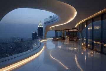 Naklejka premium Luxury high rise terrace at nightfall with curved modern structure and glass railing overlooking city skyline with illuminated building lights and reflective marble floor