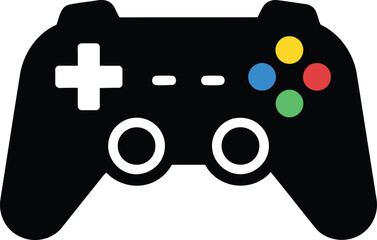 A modern black video game controller silhouette with colorful buttons on a white background