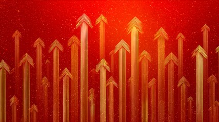 Fototapeta premium Dozens of golden upward arrows ascending dynamically against a vibrant red background with radiant glow, symbolizing growth, progress, and success in business, finance, or personal achievement.