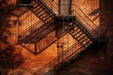 Rustic red brick wall accompanied by fire escape ladder and complex shadow design
