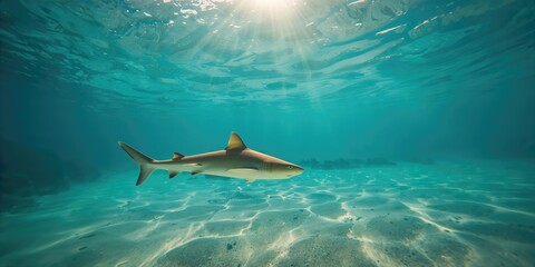 Shallow water habitat with a juvenile lime shark for marine biodiversity study, World Oceans Day