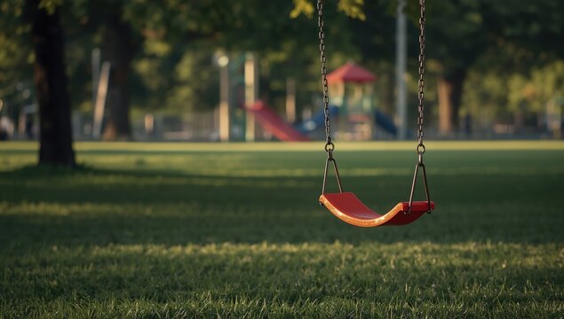 Vacant playground swing serving as an editorial header background in outdoor recreational areas, urban density