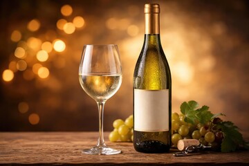 Obraz premium Glass of white wine paired with bottle against a glowing background