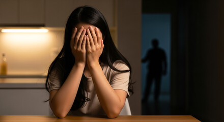Asian woman hiding face during conflict at home, emotional distress and relationship issues