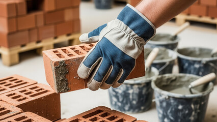 Builder hand passing brick from stack at construction site, teamwork and masonry in building industry