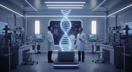Scientists Analyze Holographic DNA in a Futuristic Biotechnology Lab