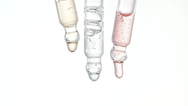 Pipette with Serum, Gel, Oil or Other Cosmetic Product Dripping Slow Motion. Macro Shot of Natural Organic Cosmetics, Medicine. Production Close-up. Skin or Body Care Products. High quality FullHD 