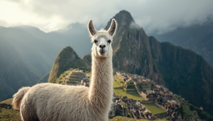 Obraz premium Llama looking attentively, highlighting wildlife observation and animal focus, World Animal Day