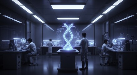 Advanced Genetics Research Lab with Scientists and a Central Holographic DNA Double Helix