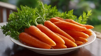 A plate of fresh vibrant orange carrots with green tops on a wooden table outdoors
