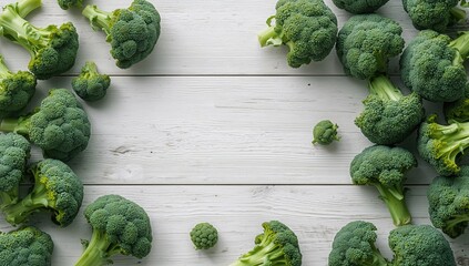 Fresh broccoli florets arranged on a white wooden table, suitable for culinary display or nutrition information
