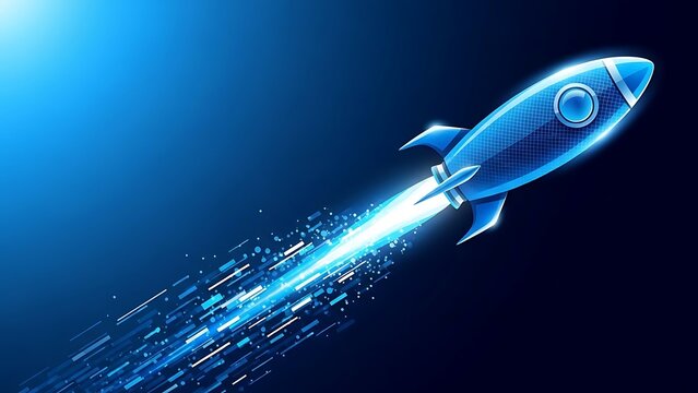 Blue rocket launching into digital space with speed and innovation
