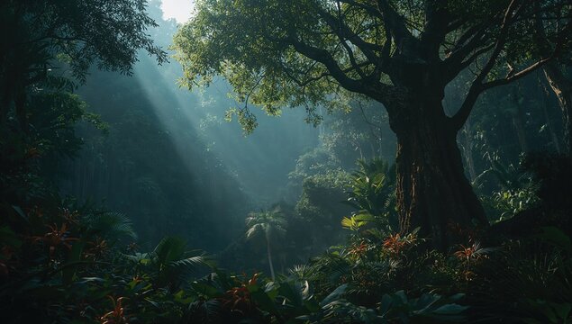 Nighttime scene of lush tropical jungle with thick greenery and limited light, Earth Day - Powered by Adobe
