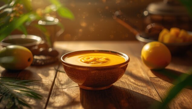 Aamras or mango juice prepared from Alphonso mangoes, emphasizing fresh fruit processing