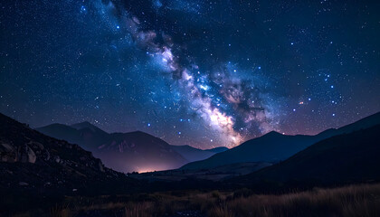 Milky Way Galaxy over Mountain Landscape at Night.