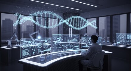 Future of Genomic Research: Scientist Interacting with Holographic DNA Visualizations and Advanced Data Interfaces in a High-Tech Laboratory