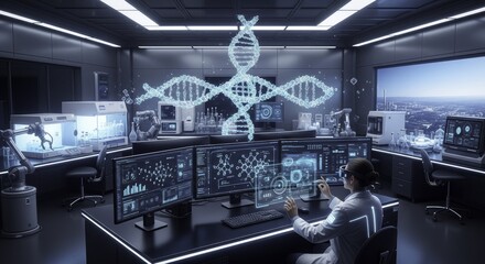 Futuristic Genetic Research Lab with Scientist Using AR/VR for DNA Analysis and Data Visualization