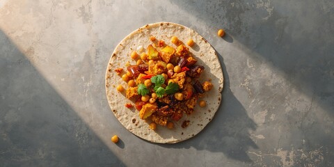 Tortilla with aloo gobi and chickpeas prepared for a vegetarian dish, top-down shot, World Vegetarian Day