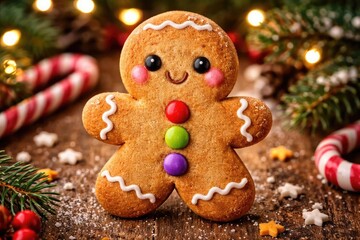 Holiday season gingerbread cookie adorned with charming facial expressions and multicolored buttons