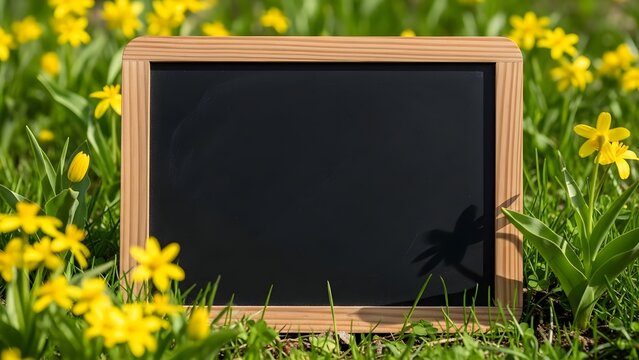 Blank blackboard on a wooden frame in a field of yellow flowers. Education and spring season message board. Empty chalkboard standing in a blooming garden for custom text or advertising