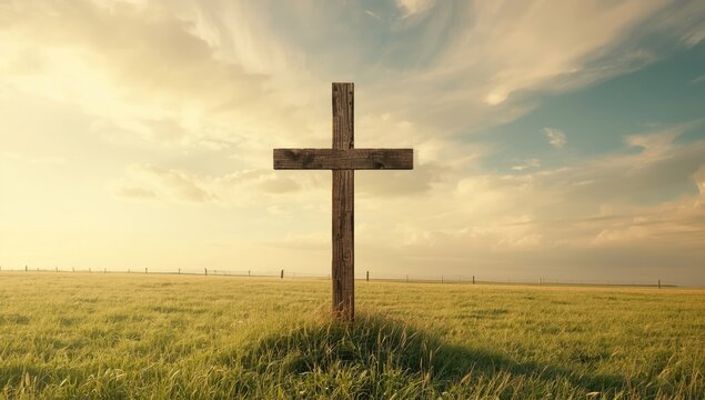 Weathered wooden cross in a rural setting beneath a cloudy sky, used for spiritual reflection or commemoration - Powered by Adobe