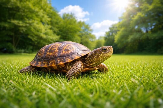 Lively pet turtle slowly moving on emerald green grass lawn under bright summer sky full length shot