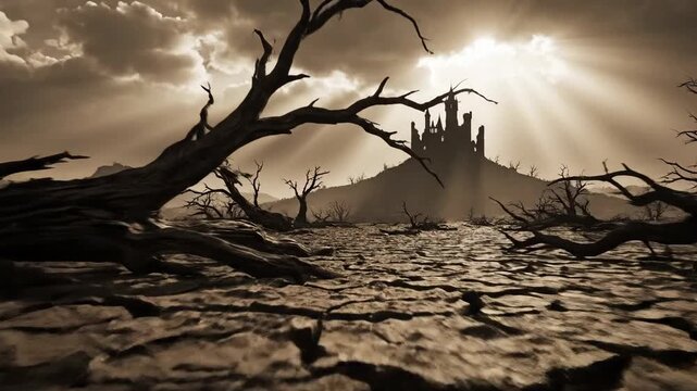 Slow Ground-Level Tracking Shot Revealing Desolate Cracked Earth Landscape with Bare Trees