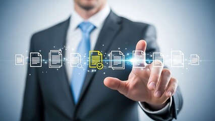 Businessman interacting with digital documents on futuristic interface