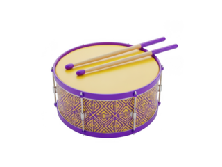 Vibrantly colored drum with patterned design and drumsticks isolated on transparent background