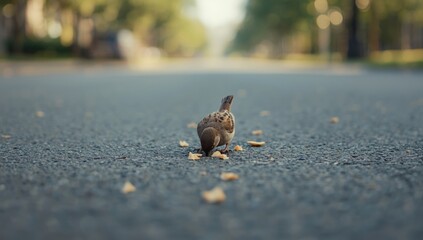 Obraz premium Small bird pecking at bread crumbs on pavement, emphasizing urban nature presence