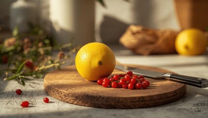Lemon slices combined with goji berries, colorful fruit display for nutritious eating, International Nutrition Month