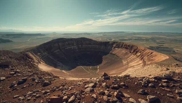 One mile wide meteor crater in the Arizona desert landscape, highlighting geological formation