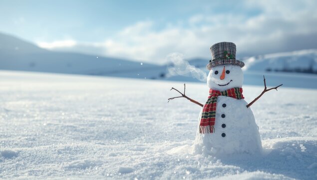 Snowman in a snow-covered landscape, highlighting winter weather and outdoor activity, Winter