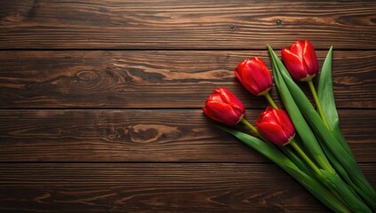 Fresh red tulips laid on rustic wooden surface, ideal for spring-themed layout or editorial header background