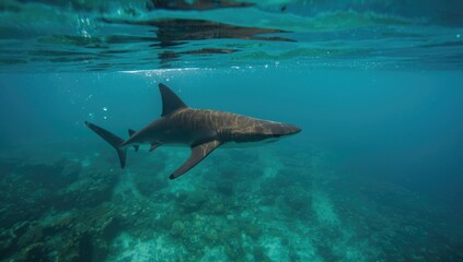 Fototapeta premium Hammerhead shark patrolling shallow waters, illustrating ocean predator behavior