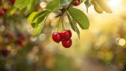 Fototapeta premium Fresh cherries on a branch with green leaves, ideal for food and drink emphasizing natural ripeness