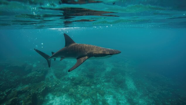 Hammerhead shark patrolling shallow waters, illustrating ocean predator behavior