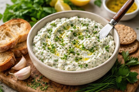 Fresh herb infused curd cheese spread for snacks