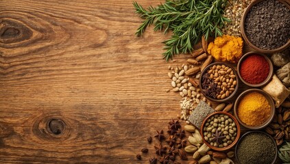 Naklejka premium Herbs and spices spread on a table, prepared for cooking enhancement, International Nutrition Day