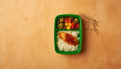 Overhead shot of green meal containers filled with chicken rice and vegetables, highlighting meal organization and freshness, International Nutrition Month