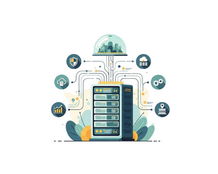 Data Center Server Flat Vector Illustration: Cloud Computing Infrastructure with Security Shield, Analytics Graphs, Gears, and Connectivity Icons - Vector Graphic for IT and Tech Concepts