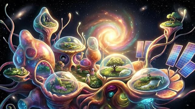 This vibrant, imaginative scene depicts a fantastical, organic structure floating amidst the cosmic expanse. Intricate, biomorphic forms are adorned with transparent domes enclosing lush, miniature ec
