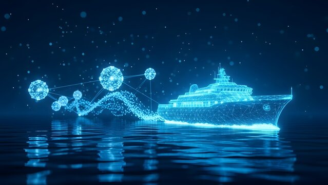 Autonomous yacht and maritime network technology. Smart shipping and digital navigation systems. Glowing wireframe luxury ship sailing on dark water with data transmission points