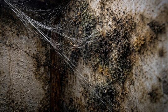 Close up view of spider web and mold growth on damp interior wall